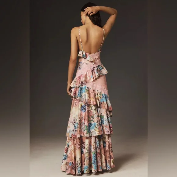 BHLDN pink floral Elora Sleeveless V-Neck Ruffle Lace Maxi Dress - Picture 3 of 10